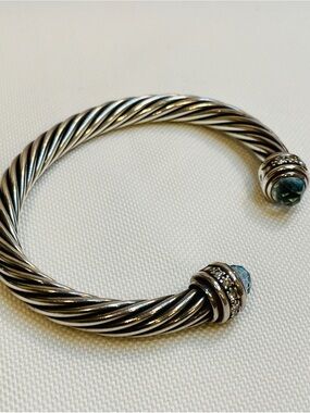 David Yurman Blue Topaz Diamond Sterling Silver Classic Cable Cuff Bracelet